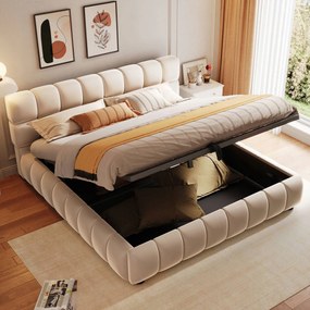 Kárpitozott ágy 140 x 200 cm Dupla ágy Hidraulikus bársony Bézs