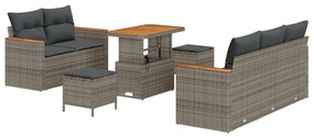 8 részes kerti kanapé szett párnákkal, szürke poli rattan akáccal, 3 részes kerti étkező szett párnákkal, szürke poli rattan akáccal