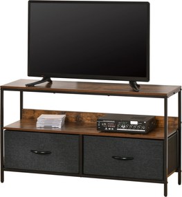 HOMCOM TV Állvány 47"-ig terjedő TV-khez, Ipari Stílusú TV Asztal Polccal és 2 Hajtható Textil Fiókkal, Nappali és Hálószoba 98x29x56 cm, Rusztikus Ba