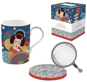 Keleties porcelán teás bögre fém szűrővel díszdobozban Coffee Mania Tokyo