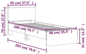 betonszürke szerelt fa ágykeret fejtámlával 90 x 200 cm