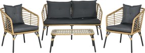 Outsunny 4 db-os Kerti Bútor Szett, Rattan Ülőgarnitúra Párnákkal, 3 Fotel és 1 Kávézóasztal, Balkoni Bútor Boho Stílusban 4 Személynek, Homok+Sötétsz