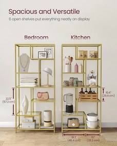 Könyvespolc, 6 szintes magas könyvszekrény 30 × 80 × 180 cm, fémes arany színben