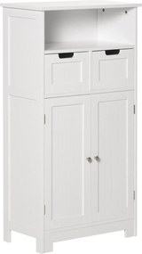 Kleankin Fürdőszobaszekrény 2 Ajtóval, Állítható Polccal, 2 Fiókkal és Nyitott Térrel - 60x30x108,8 cm - Fehér | Aosom