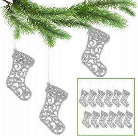 Ezüst karácsonyi zokni karácsonyfára, karácsonyfadísz 10cm, 12db
