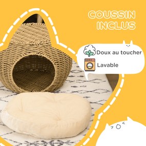 PawHut Macska Ház Ágy Macska Kosár Rattan-Stílusú Woven Resin Imitáció Rattan Puha Párna Ø 40 x 30 cm világosbarna | Aosom