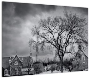 Fekete fehér falu képe (üvegen) (70x50 cm)