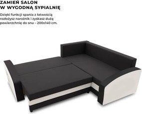 Grande sarokkanapé polcokkal , polc a bal karfaban, jobboldali, szövet anyag, bonell töltet, fekete - fehér