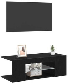 TV Szekrény LED Fényekkel, Fekete, Tömörfa, 90x39x30 cm