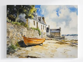 Vászonkép Canvas Akvarell Tájkép Tenger Hajó Tengerpart Ház TENGERPART100x75
