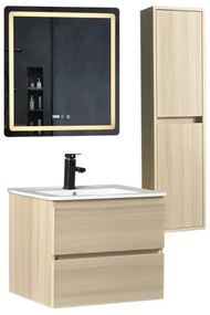 Hongkong Sonoma 60 komplett fürdőszoba bútor szett fali mosdószekrénnyel, kerámia mosdóval, tükörrel és magas szekrénnyel