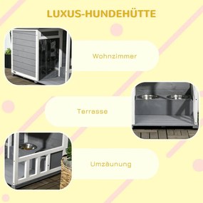 PawHut Tömörfa kutyaház 2 etetőtállal, veranda, időjárásálló, szürke-fehér
