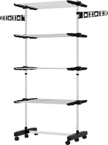 HOMCOM 4 szintes Törölköző Szárító Torony, Összecsukható Szárnyakkal, Kerekekkel, Belső és Külső Használatra, 142 x 55 x 172 cm, Fekete | Aosom