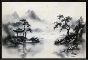 Poszter Keret Alumínium Grafika Tinta Ázsia Kína Tájkép Pagoda 60x40