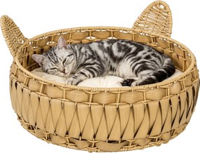 PawHut Rattan Cat Bed with Removable Cushion — Cat Cave for Cats up to 22 lb, 19.7" x 19.7" x 9.8", Light Brown | Aosom