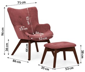 Piros kordbársony fotel lábtartóval Niko – Ropez