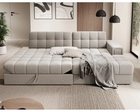 Bézs bársony kinyitható sarokkanapé (jobb oldali-heverő résszel) Blezalt – ELTAP