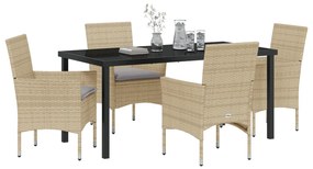 5 db-os Kerti Étkező Szett Párnázott Bézs Poli Rattan, Kerti Asztal Fekete 160x80x73 cm Edzett Üveg