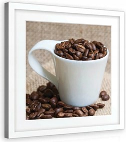 Vászonkép 40x40 Kávébab fehér csésze juta meleg otthonos csend halott