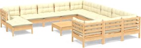 vidaXL 13 részes fenyőfa kerti ülőgarnitúra krémszínű párnákkal