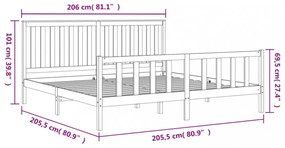 szürke tömör fenyőfa ágykeret fejtámlával 200 x 200 cm