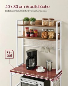 Konyhai állvány polcokkal, 14 akasztóval, rusztikus barna, fehér és 80x40x170cm