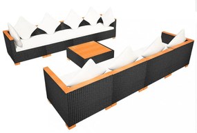 9-részes fekete polyrattan kerti bútorszett párnákkal