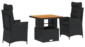 3 részes fekete polyrattan kerti étkezőgarnitúra párnákkal