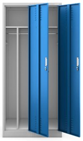 Pléh öltözőszekrény talpazaton, kétmodulos, polccal és köztes fallal KACPER, 800 x 1800 x 500 mm, szürke-kék