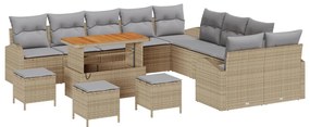 14 darabos kerti kanapészett párnákkal Bézs Poli Rattan Akácia, 2 fős kerti kanapé párnákkal Bézs Poli Rattan, 4 darabos kerti étkező szett párnákkal Bézs Poli Rattan Akácia
