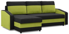 Hewlet sarokkanapé, 2 ágyneműtartóval, szövet anyag, univerzális oldal, hab töltet, fekete - zöld
