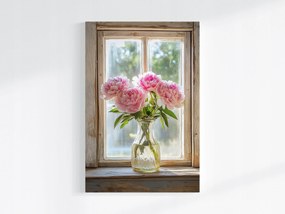 Vászonkép Canvas Ablak Dekoráció Váza Virágok Bazsarózsa Csokor 80x120