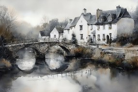 Vászonkép Canvas Anglia Falu Házak Falu Folyó Híd Nosztalgia 120x80