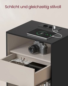 VASAGLE éjjeliszekrény, töltőfunkciós lerakóasztal, tintafekete–kapucsínó bézs