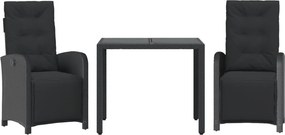 vidaXL 3 részes fekete polyrattan bisztrógarnitúra párnával