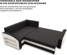 Grande sarokkanapé polcokkal , polc a bal karfaban, baloldali, szövet anyag, hab töltet, fekete - fehér