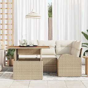 5 Részes Kerti Étkező Szett Párnákkal Bézs Poly Rattan Akác