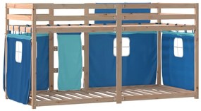 vidaXL kék tömör fenyőfa emeletes ágy függönyökkel 90 x 190 cm