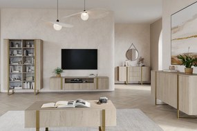Verica 200 cm-es TV-szekrény, falra szerelhető, nyitott polccal - szivacsos tölgy / arany fogantyúk