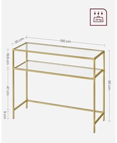 Konzolasztal egy alsó polccal edzett üveglappal, arany 100x35x80cm