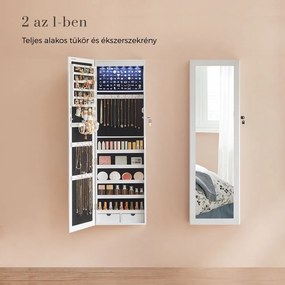 JEWELIA fali ékszertartó tükörrel és LED világítással, 10x37x120 cm, fehér SongmicsHome
