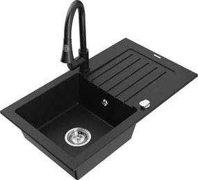 Mexen Pablo 1 rekeszes gránit mosogató csepegtetővel és Elia konyhai csappal, fekete - 6510-77-670101-70