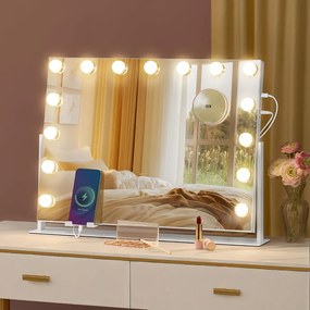 LED sminktükör világítással, 58 × 43 cm, 15 LED-del, 10× nagyítással, fehér