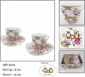 Csészék szett két személyre. Virágok, porcelán baglyok kanállal.