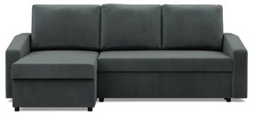 Zeus sarokkanapé, 2 ágyneműtartóval, döntött kartámasz, bársony, univerzális oldal, hab töltet, szürke