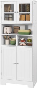 HOMCOM Konyhai Spájz Szekrény Magas Tároló szekrény 2 Üveg Ajtóval Állítható Polcokkal és Nyitott Rekeszekkel 60x30x145.5 cm Fehér | Aosom