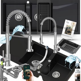 Gránit mosogató fekete 2 kamrás csepegtetővel, csapteleppel 116x50