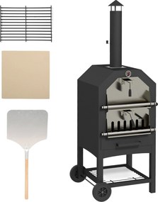 Outsunny 2 az 1-ben Pizzasütő Kültéri Kerekekkel, Grill Sütő Letakaróval, Pizzakapa, 2 Grill Rács, Grill Kocsi Kéménnyel, 3-szintes Fa Tüzelésű Sütő B