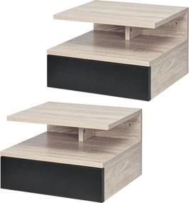 HOMCOM 2 db F Floating Éjjeli Szekrény, Függesztett Ágytáblák 1 Fiókkal és Nyitott Polccal, 35x32x22.5 cm Tölgy és Fekete | Aosom
