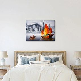 Festmény - Victoria Harbour, Hong Kong, fekete-fehér olajfestmény (70x50 cm)